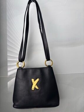 Vintage By Paloma Picasso black leather shoulder bag with gold accent